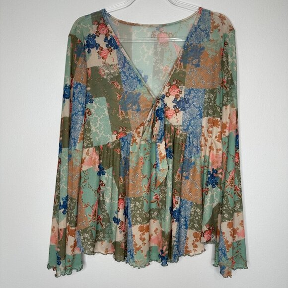 Y2K Mesh Babydoll Top Floral Patchwork Print Size Medium - Picture 1 of 8